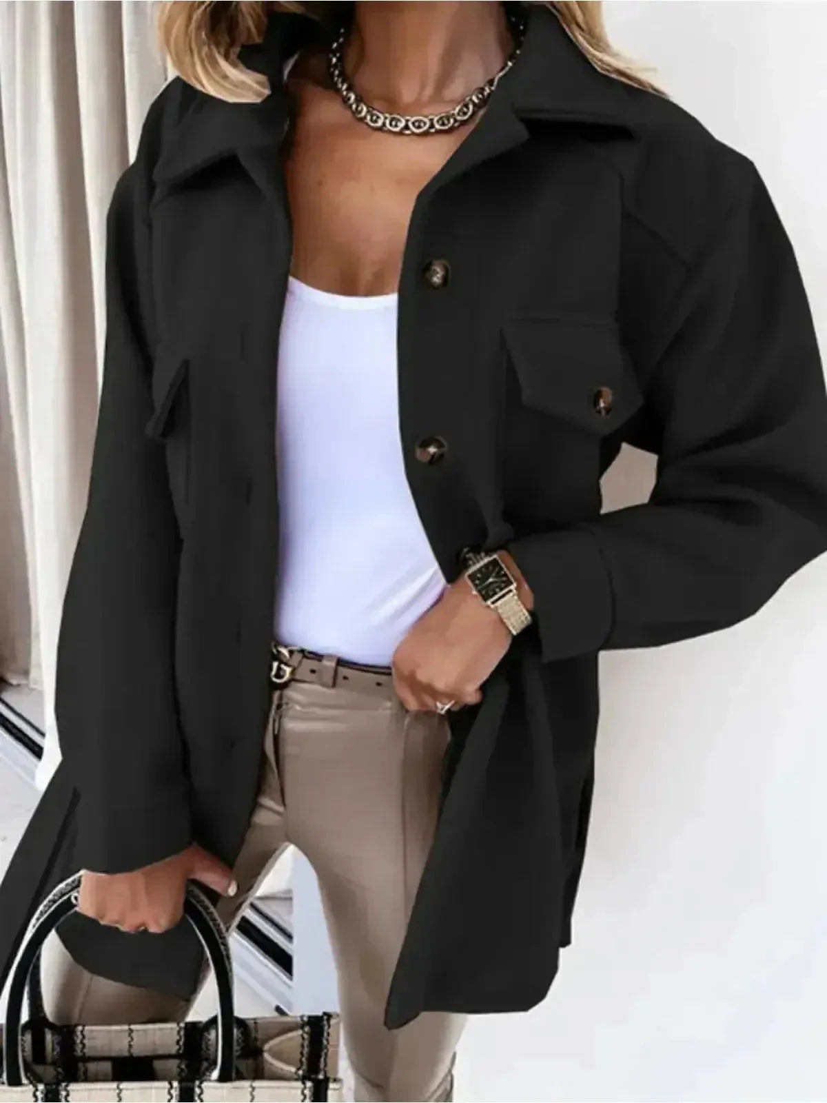 Genevieve - Women's Notch-Collar Button-Front Jacket with Patch Pockets