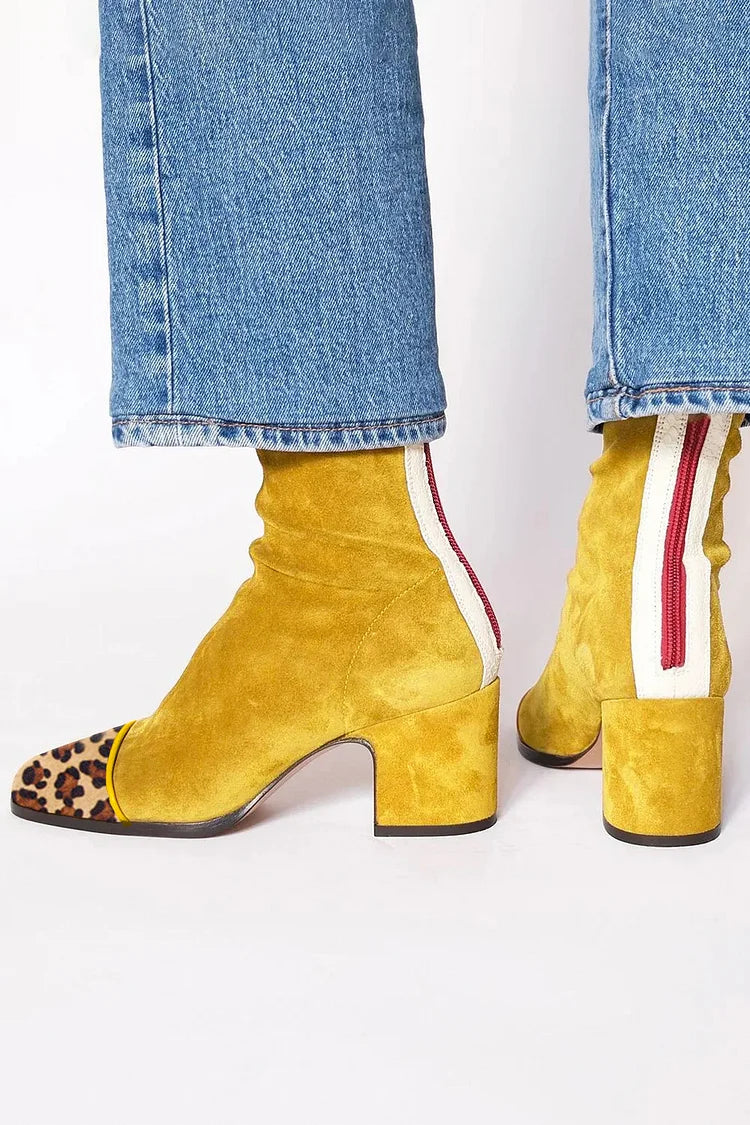 Gwendolyn - Women's Suede Ankle Boots with Leopard Toe and Back Zipper