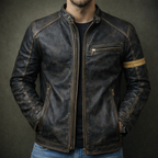 Harrison - Men's Vintage Patina Leather Jacket with Chest Zip Pockets