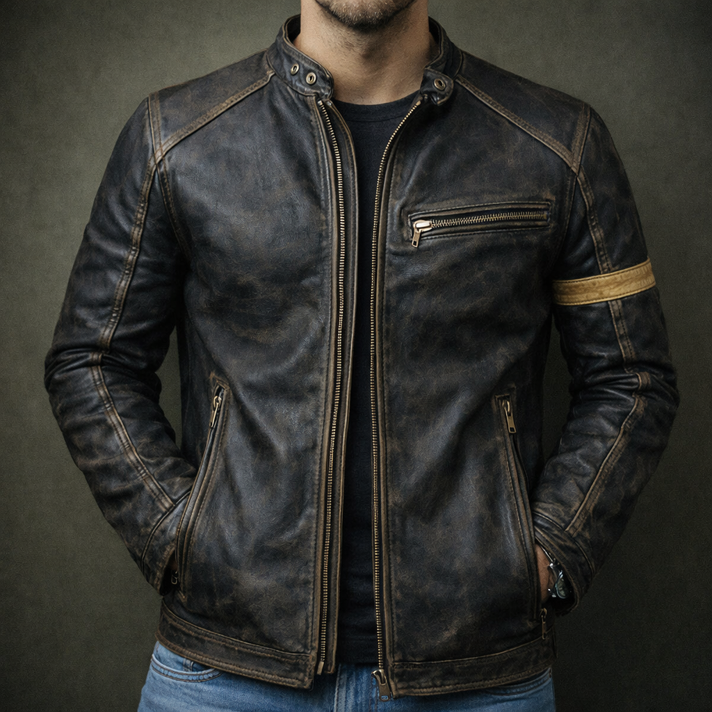 Harrison - Men's Vintage Patina Leather Jacket with Chest Zip Pockets