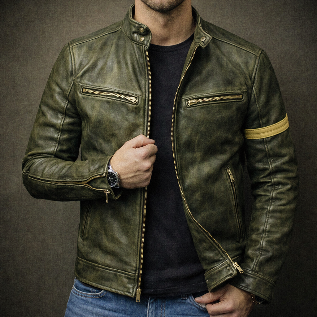 Harrison - Men's Vintage Patina Leather Jacket with Chest Zip Pockets
