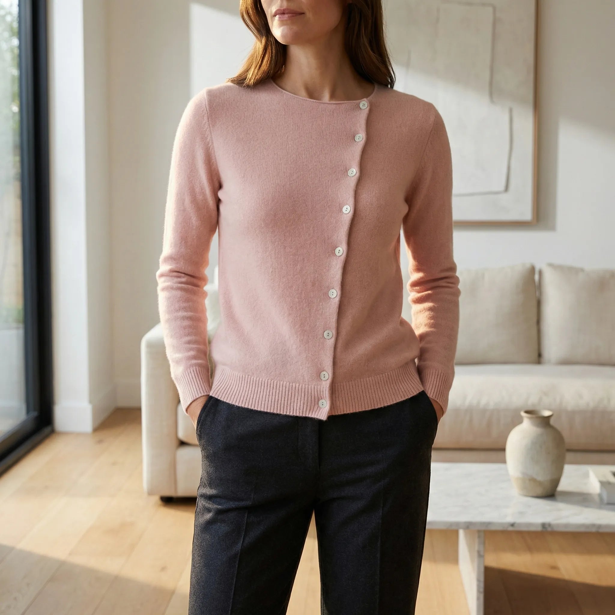 Hartley - Women's Asymmetrical Button-Front Crewneck Cardigan