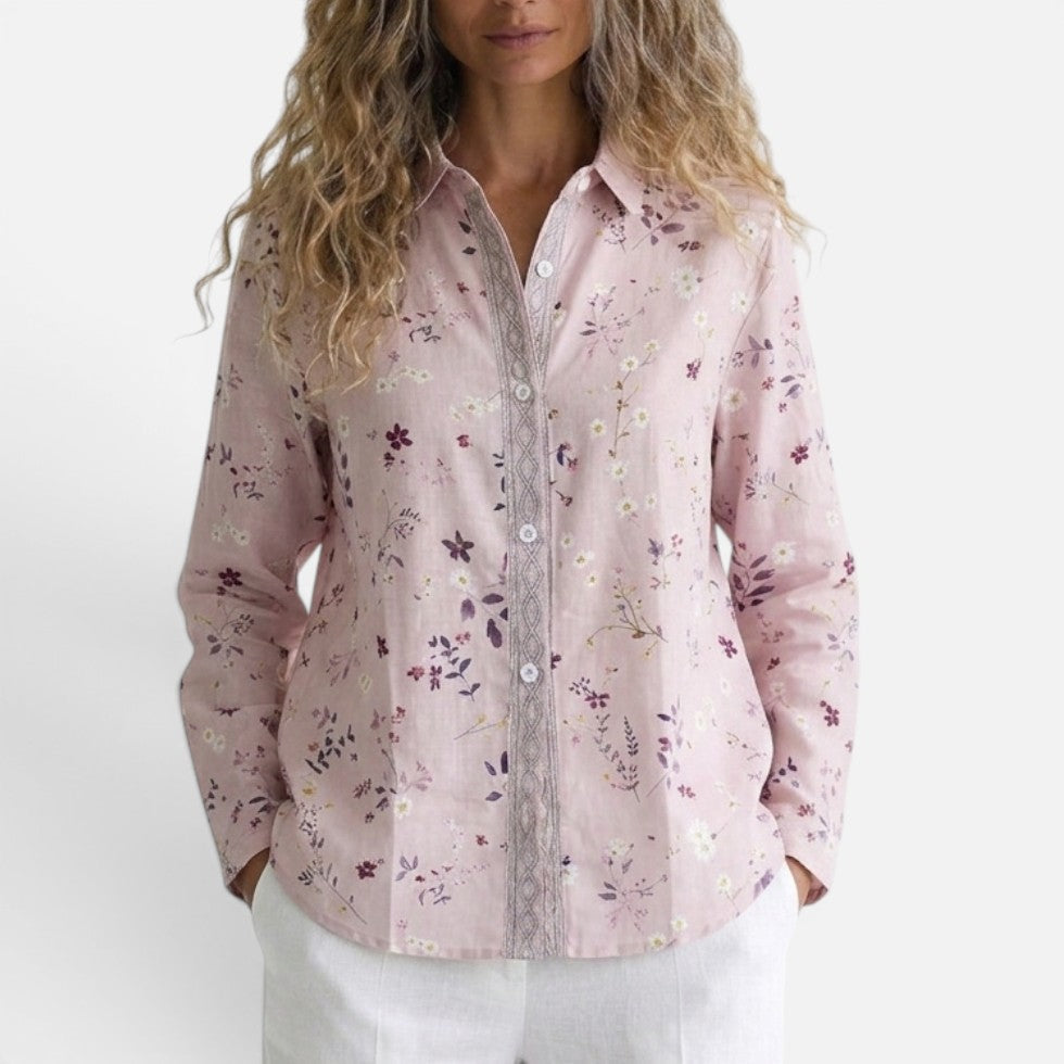 Iris - Women's Button-Front Floral Blouse with Contrasting Trim