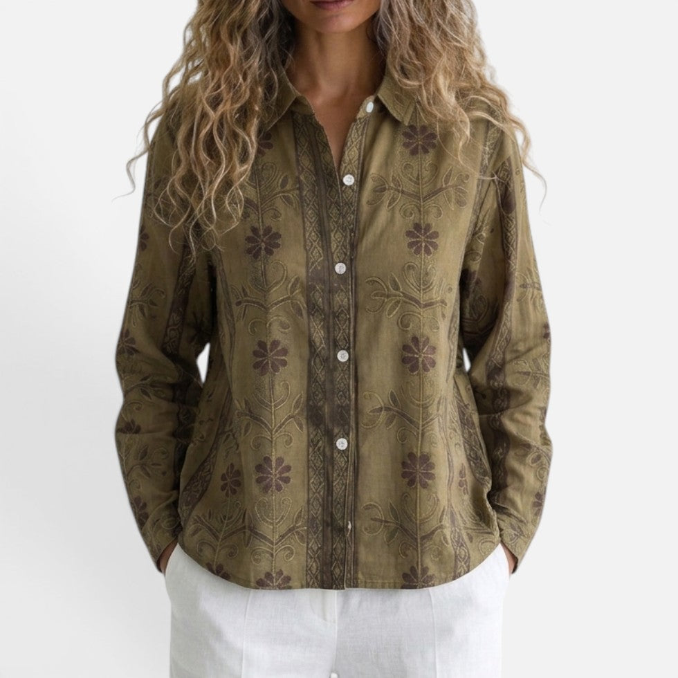 Iris - Women's Button-Front Floral Blouse with Contrasting Trim