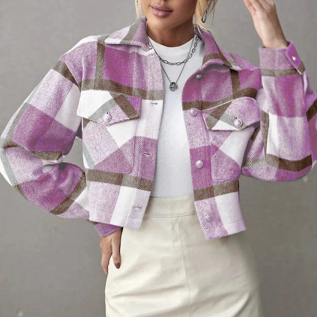 Isla - Women's Plaid Cropped Jacket with Chest Pockets