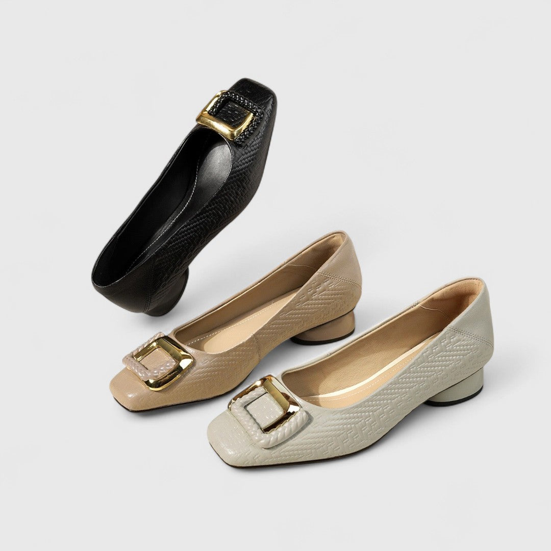 Isolde - Women's Buckle-Strap Low Heels with Textured Finish