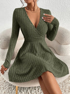 Isolde - Women's Ribbed Wrap V-Neck Flare Dress