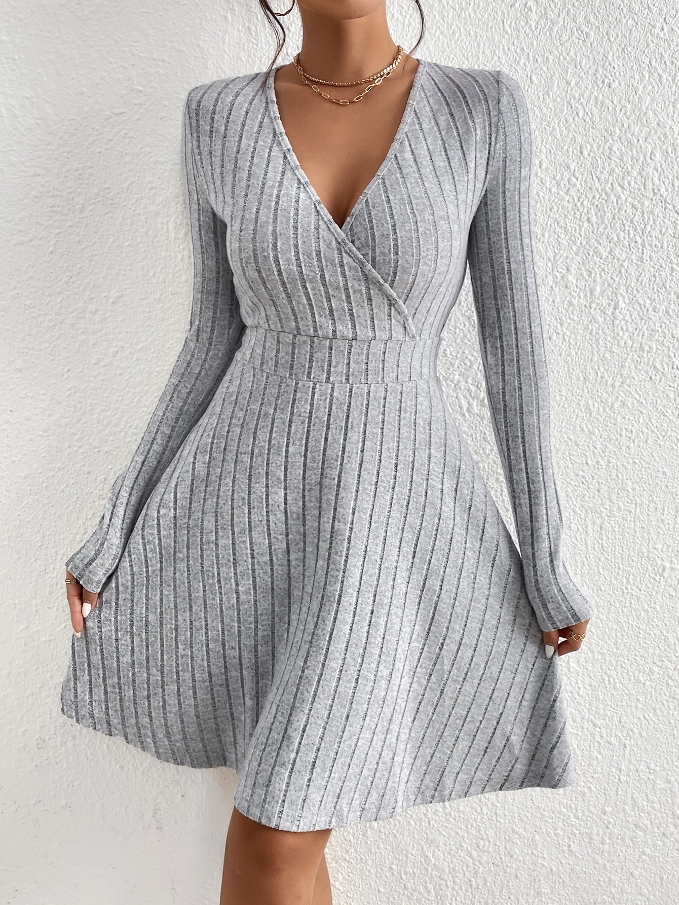 Isolde - Women's Ribbed Wrap V-Neck Flare Dress