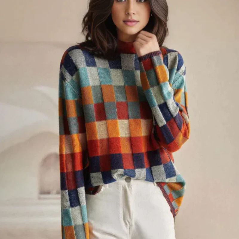 Josie - Women's Checkered Merino Mock-Neck Sweater