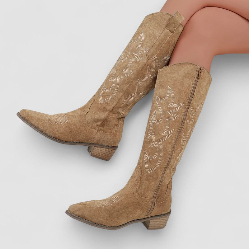 Juniper - Women's Suede Knee-High Boots with Western Stitching