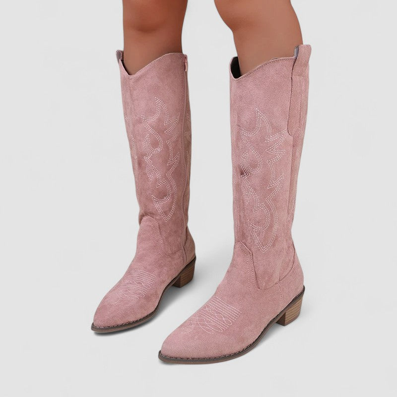 Juniper - Women's Suede Knee-High Boots with Western Stitching