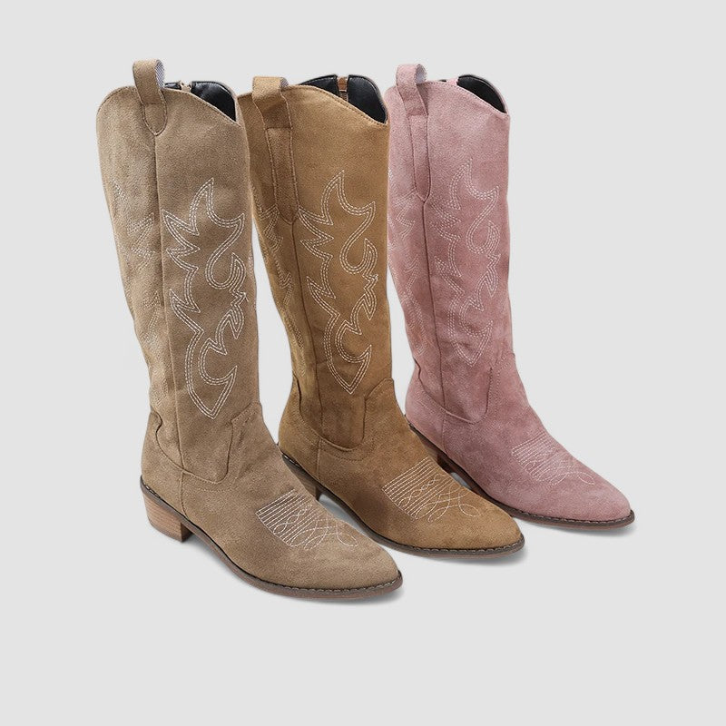 Juniper - Women's Suede Knee-High Boots with Western Stitching
