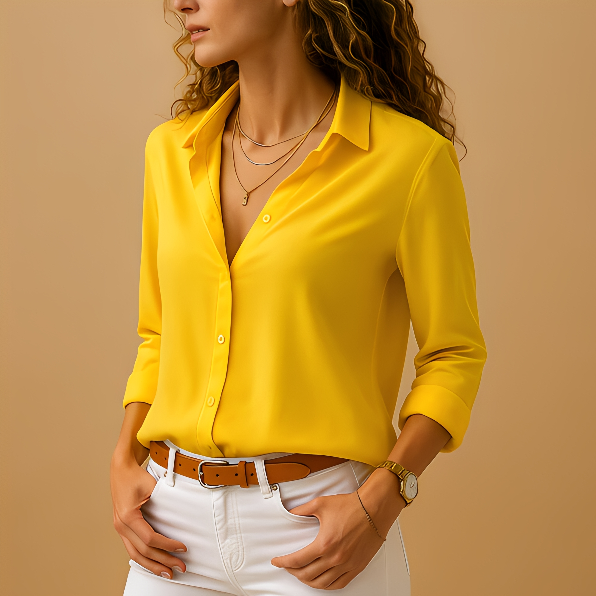 Kassandra - Women's Long-Sleeve V-Neck Collared Shirt