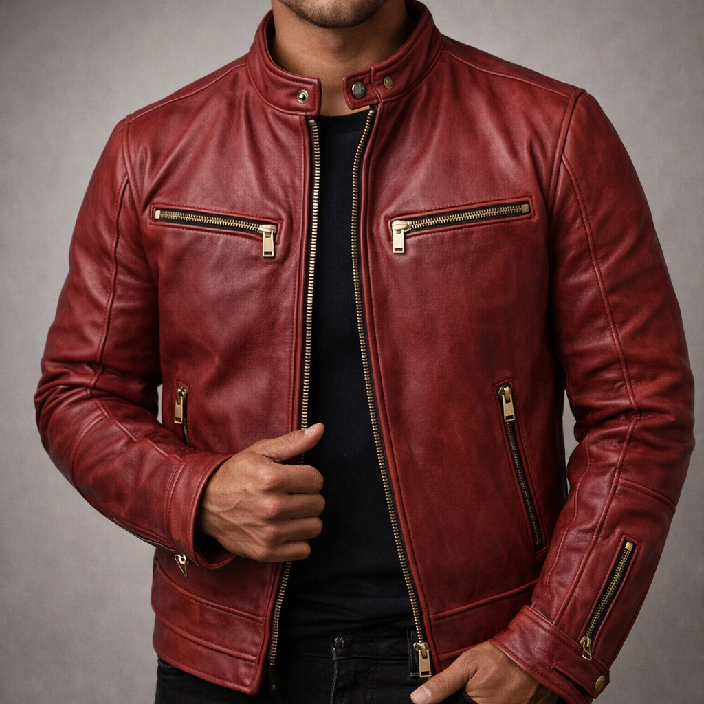 Keaton - Men's Distressed Leather Jacket with Gold Zippers