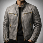 Keaton - Men's Distressed Leather Jacket with Gold Zippers