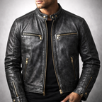 Keaton - Men's Distressed Leather Jacket with Gold Zippers