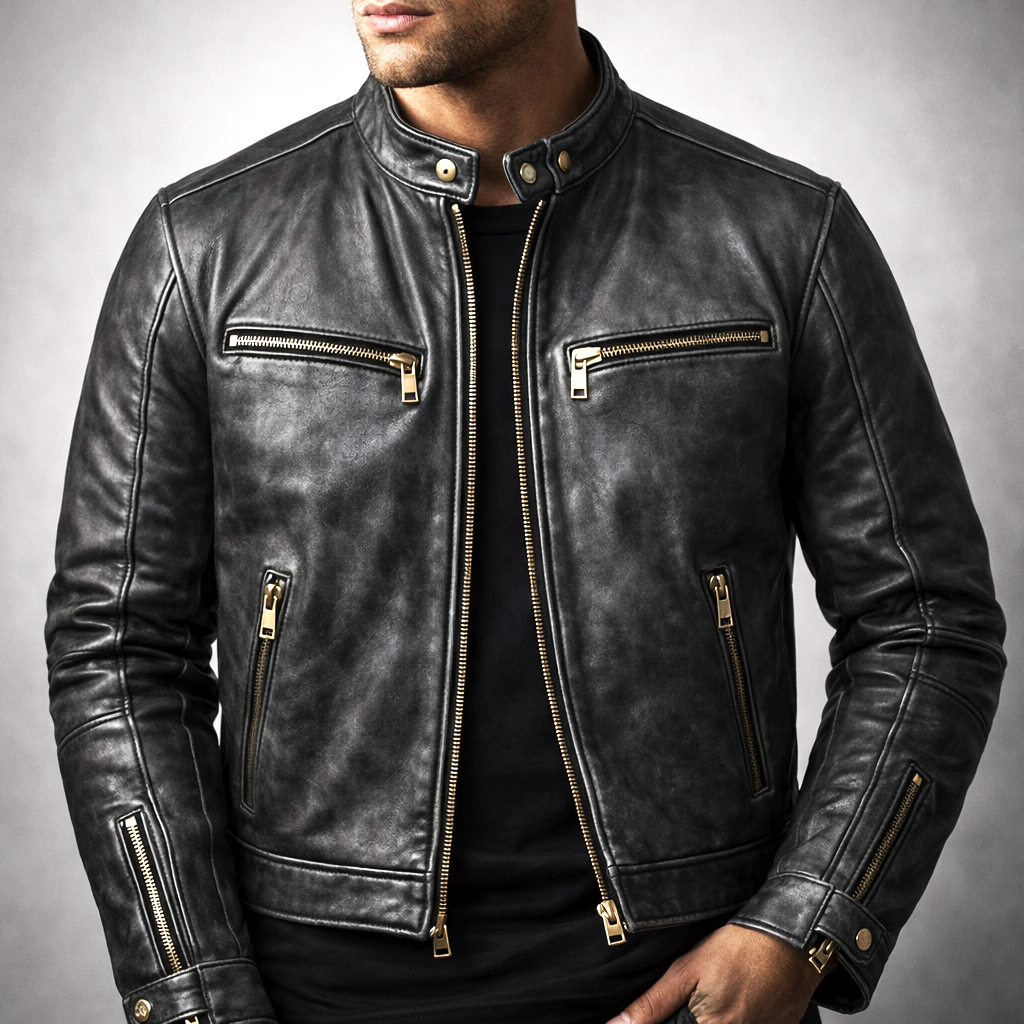 Keaton - Men's Distressed Leather Jacket with Gold Zippers