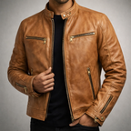 Keaton - Men's Distressed Leather Jacket with Gold Zippers