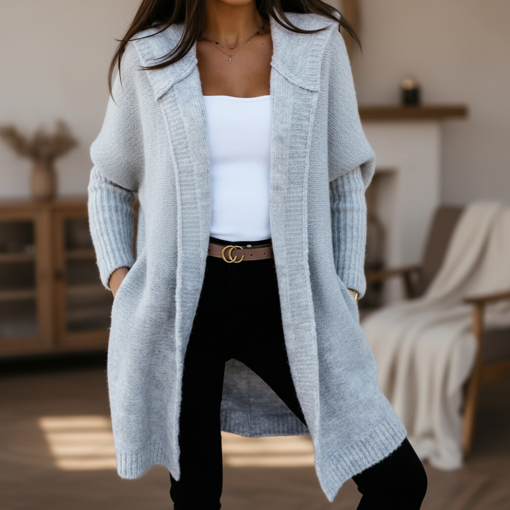 Kerstin - Women's Hooded Long Cardigan with Ribbed Cuffs