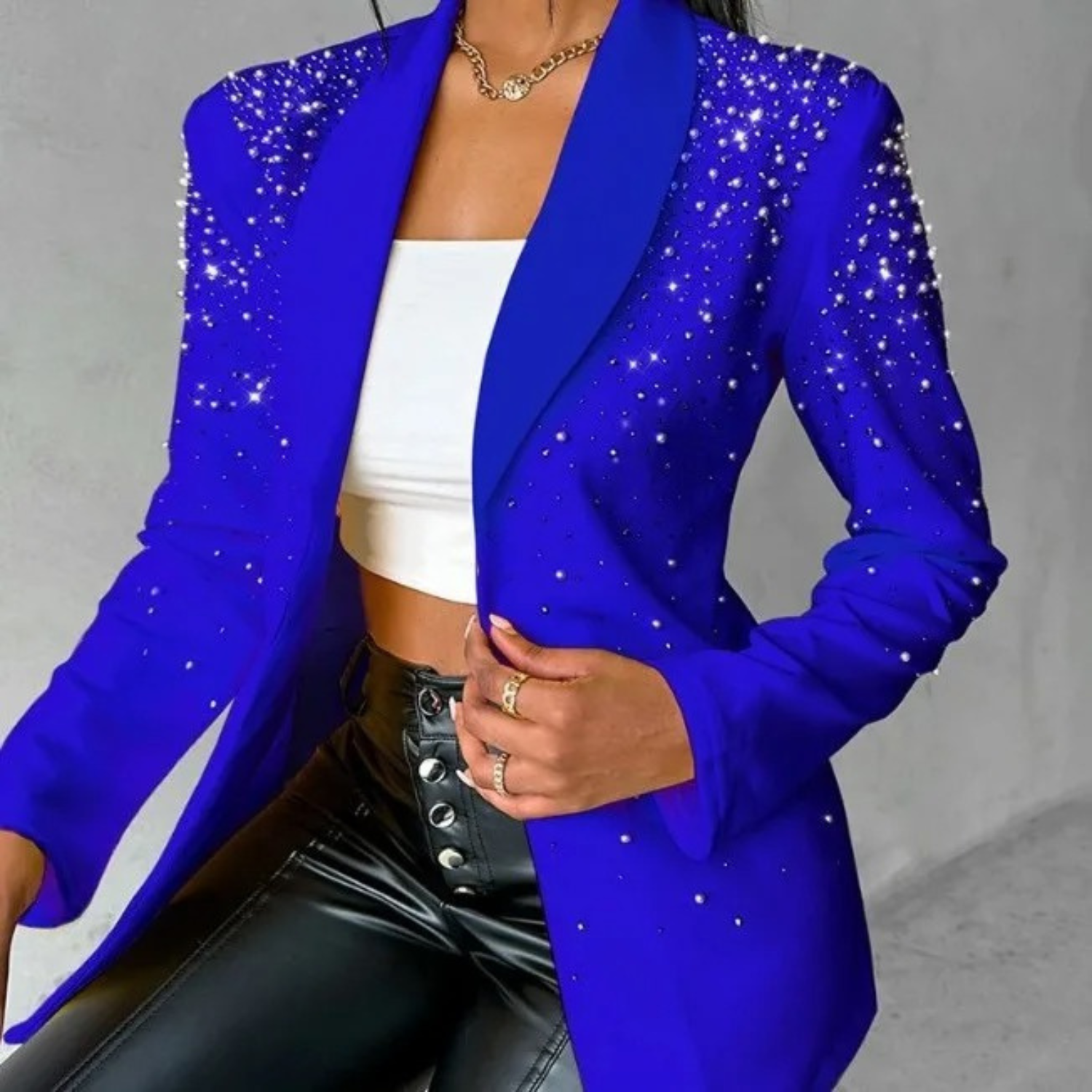 Kinsley - Women's Notch-Lapel Blazer with Pearl Studs