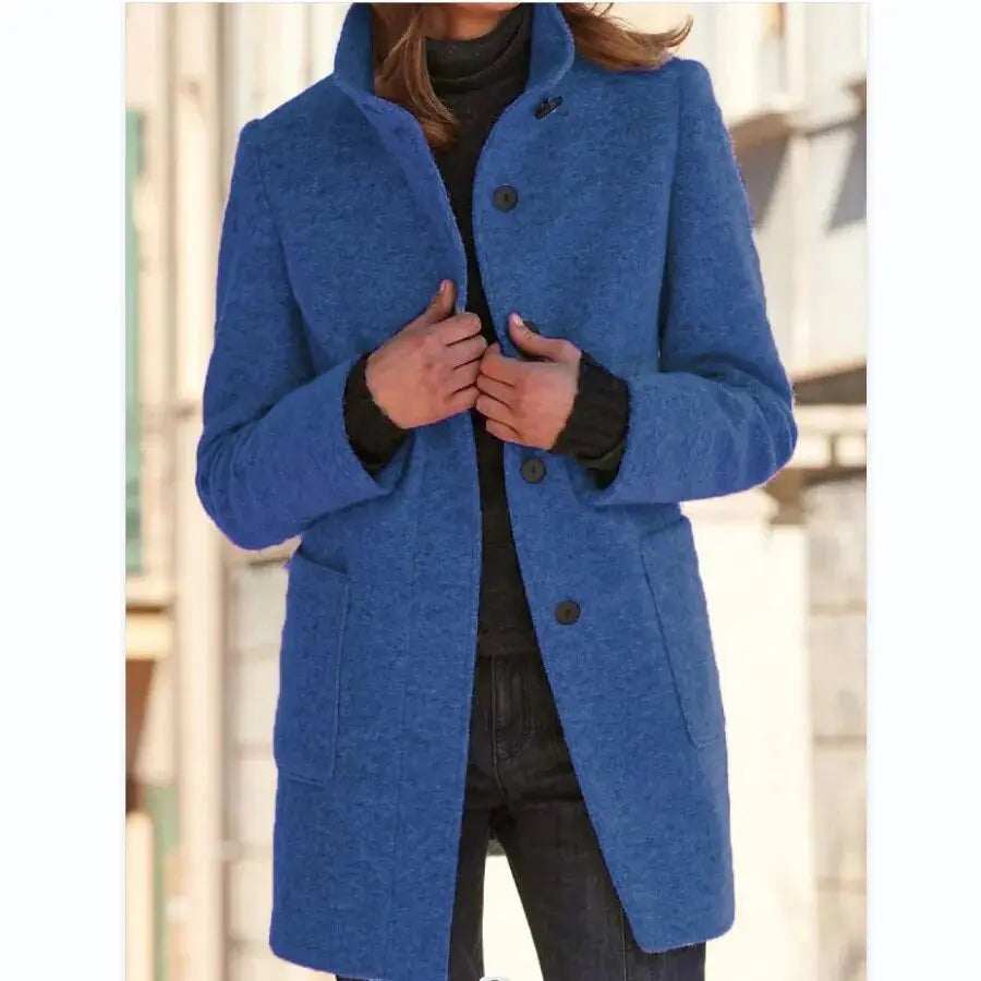 Lenora - Women's Button-Front Wool Coat with Notch Collar