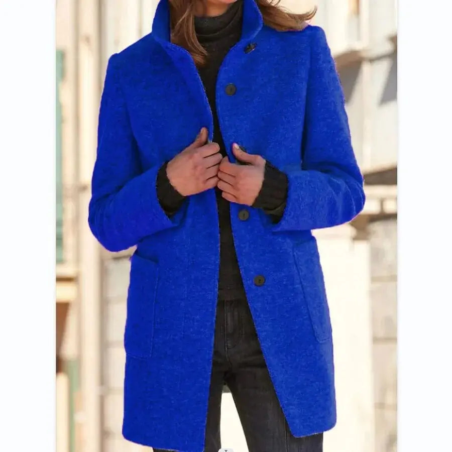Lenora - Women's Button-Front Wool Coat with Notch Collar