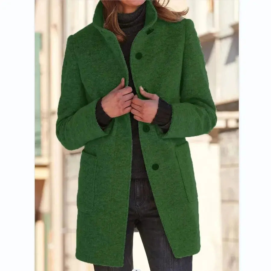 Lenora - Women's Button-Front Wool Coat with Notch Collar
