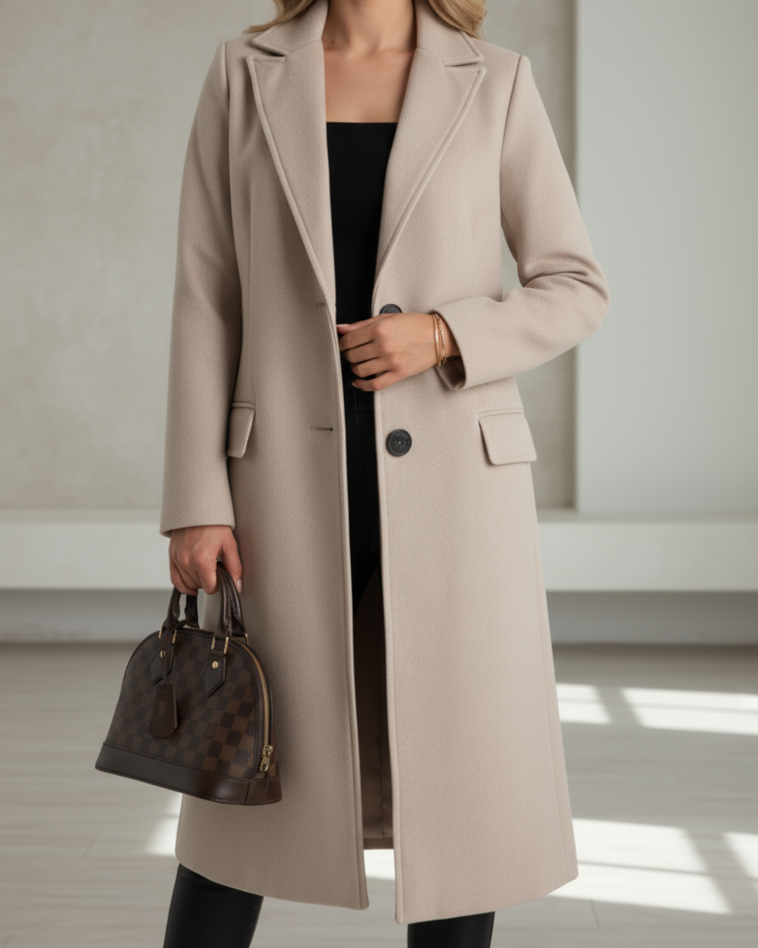Lenora - Women's Double-Breasted Long Coat with Notch Lapels