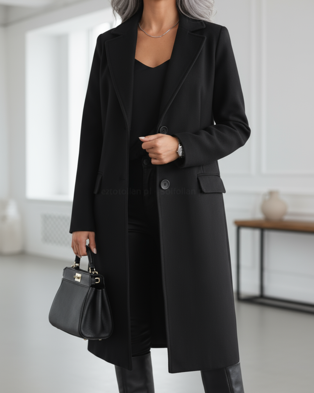 Lenora - Women's Double-Breasted Long Coat with Notch Lapels