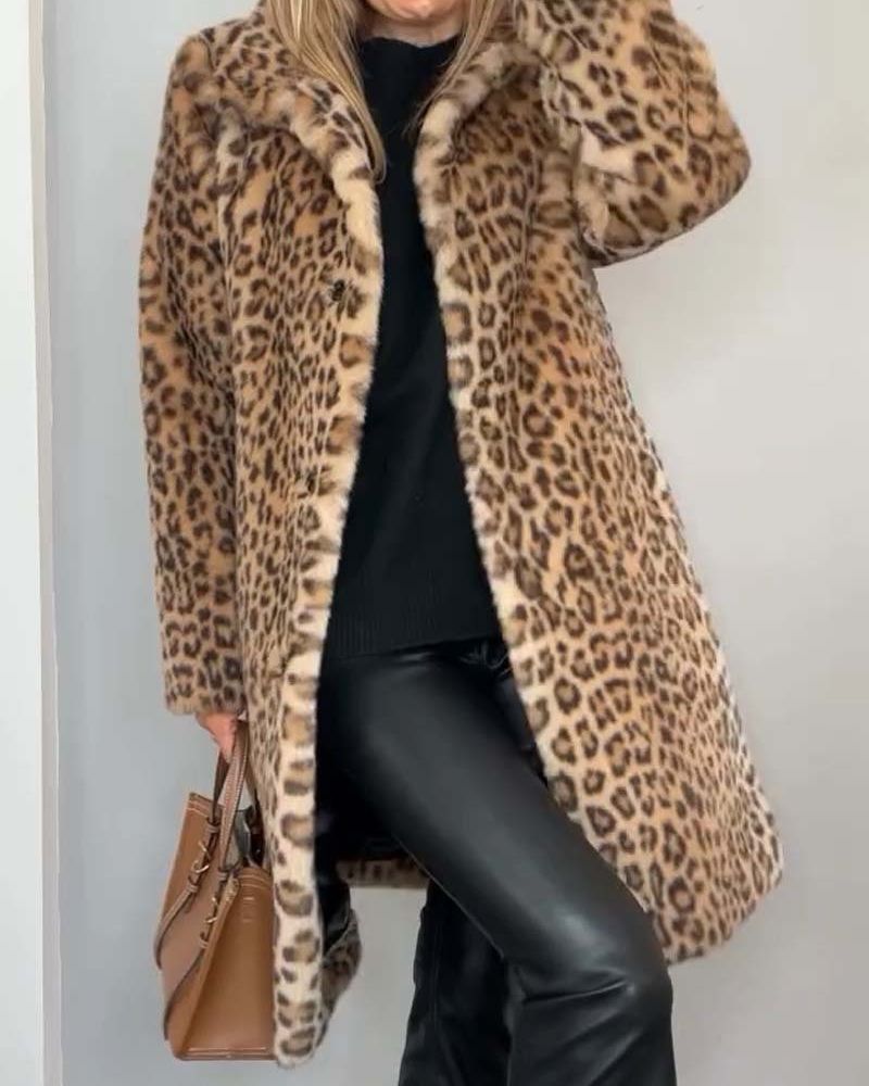Lenore - Women's Leopard Print Coat with Faux-Fur Collar