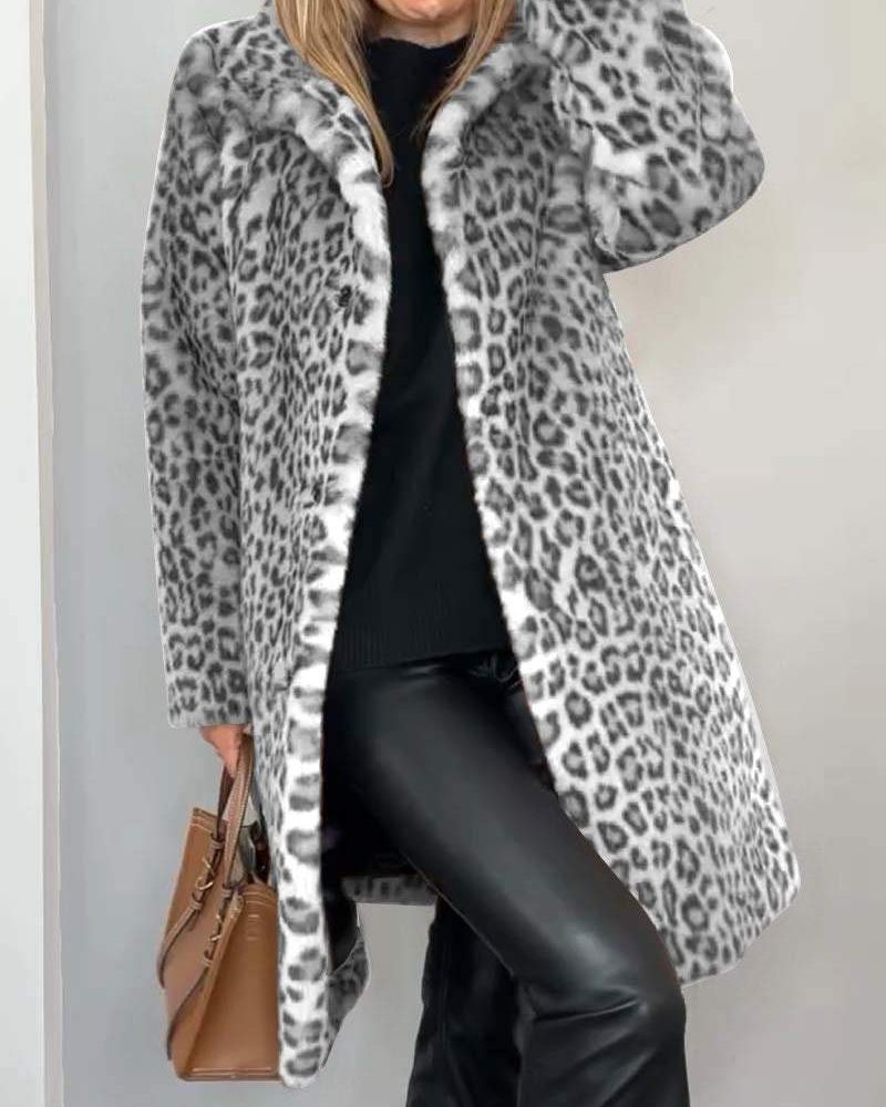 Lenore - Women's Leopard Print Coat with Faux-Fur Collar