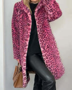 Lenore - Women's Leopard Print Coat with Faux-Fur Collar