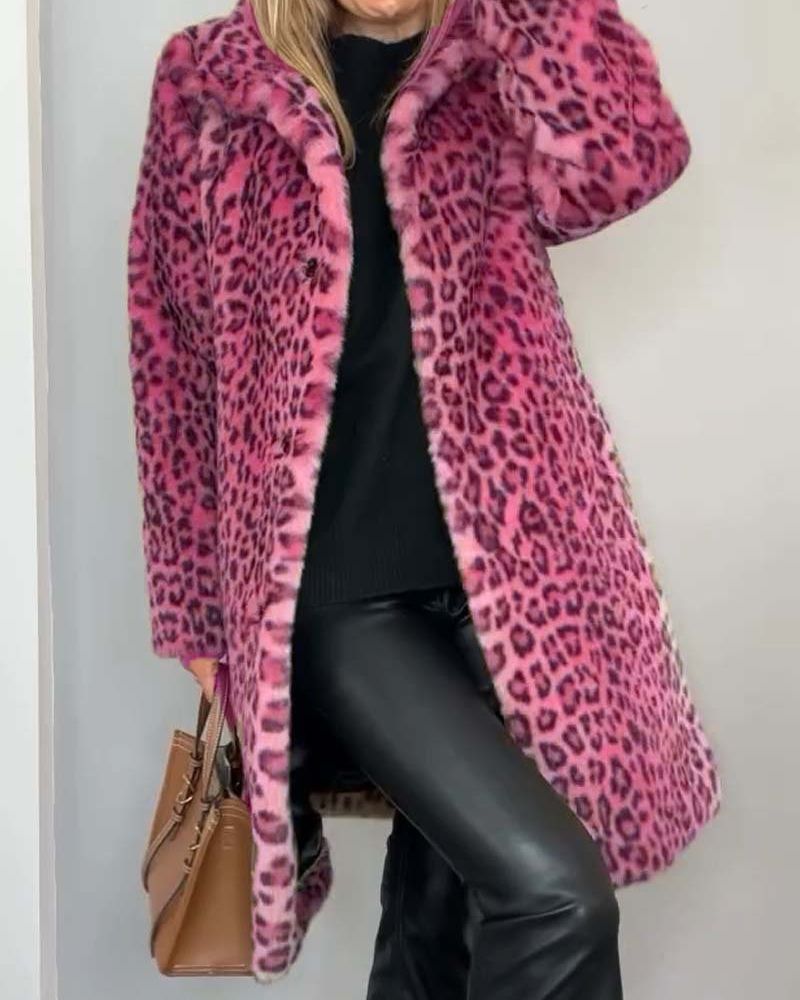 Lenore - Women's Leopard Print Coat with Faux-Fur Collar