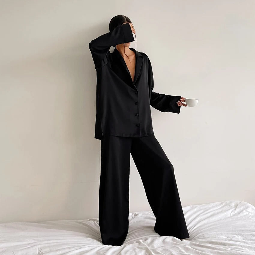 Lenore - Women's Silk Oversized Notch-Lapel Pajama Set with Wide-Leg Trousers