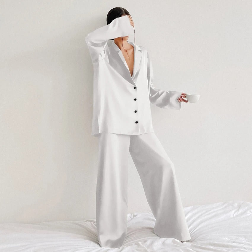 Lenore - Women's Silk Oversized Notch-Lapel Pajama Set with Wide-Leg Trousers