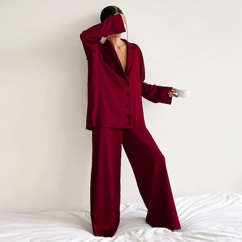 Lenore - Women's Silk Oversized Notch-Lapel Pajama Set with Wide-Leg Trousers