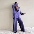 Lenore - Women's Silk Oversized Notch-Lapel Pajama Set with Wide-Leg Trousers