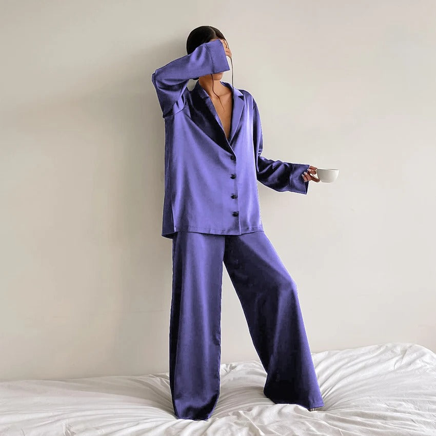 Lenore - Women's Silk Oversized Notch-Lapel Pajama Set with Wide-Leg Trousers
