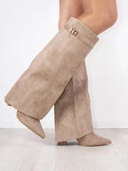 Lenore - Women's Suede Knee-High Boots with Buckle Flap