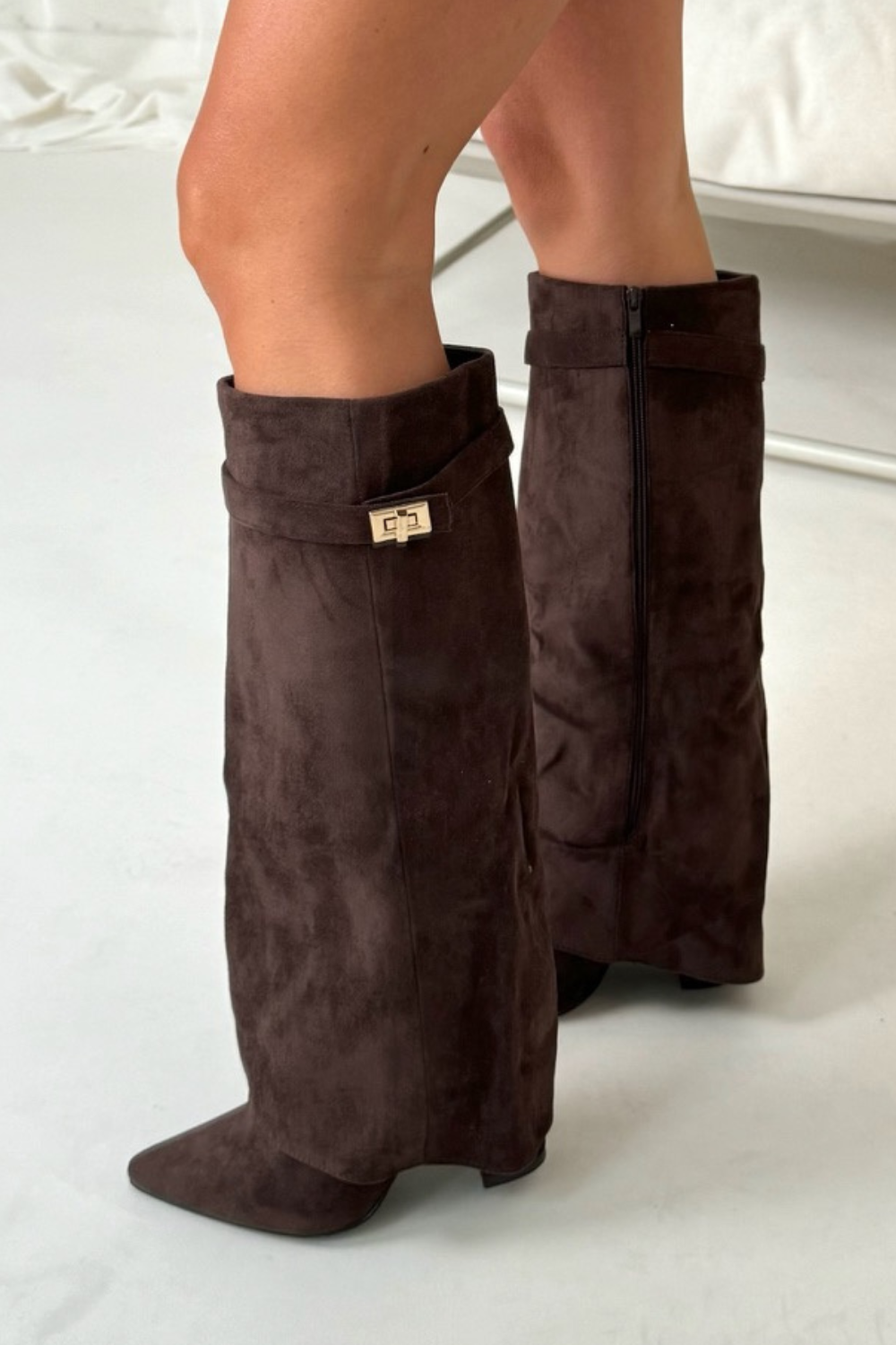 Lenore - Women's Suede Knee-High Boots with Buckle Flap