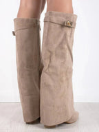Lenore - Women's Suede Knee-High Boots with Buckle Flap