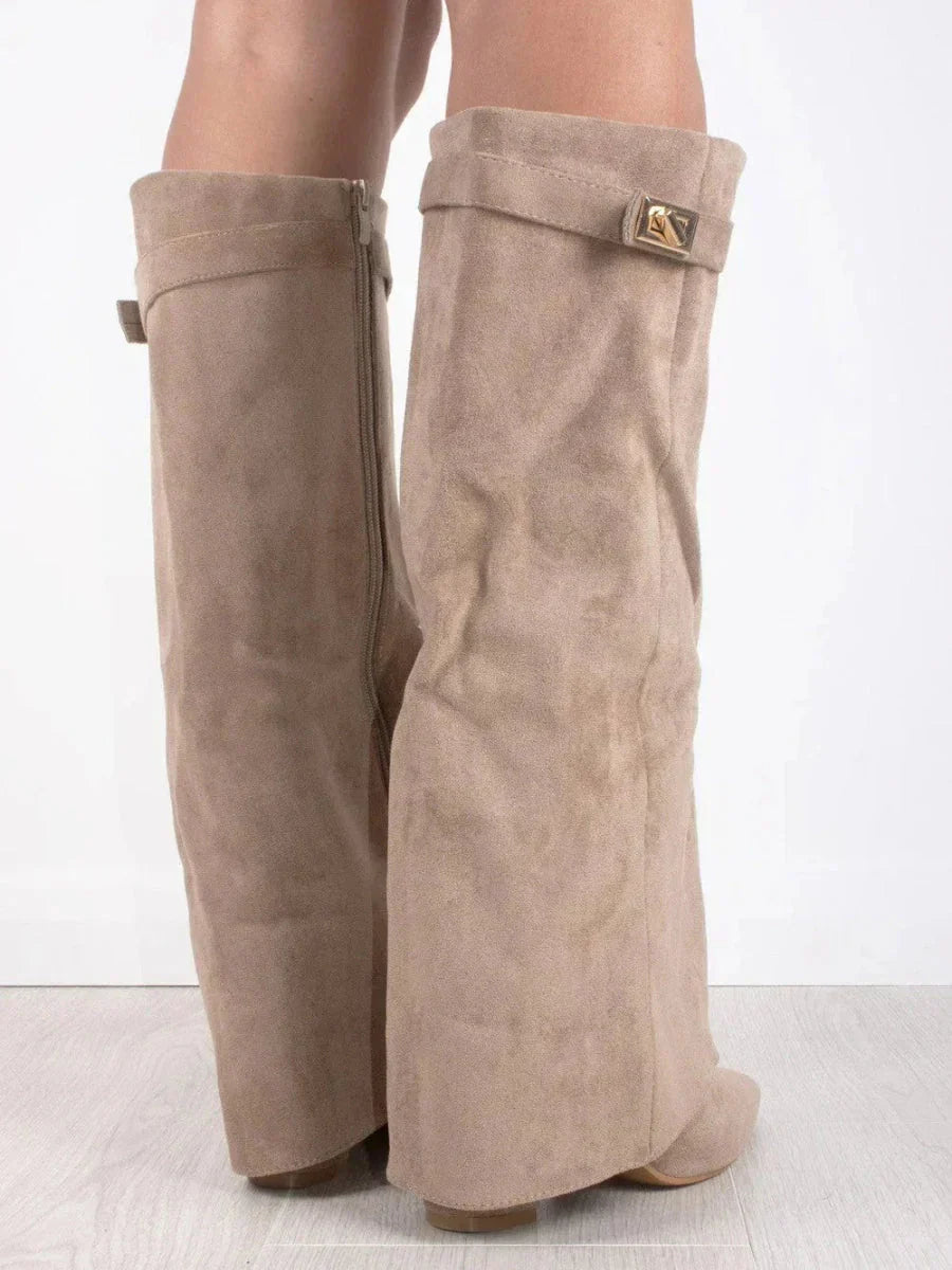 Lenore - Women's Suede Knee-High Boots with Buckle Flap