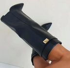 Lenore - Women's Suede Knee-High Boots with Buckle Flap