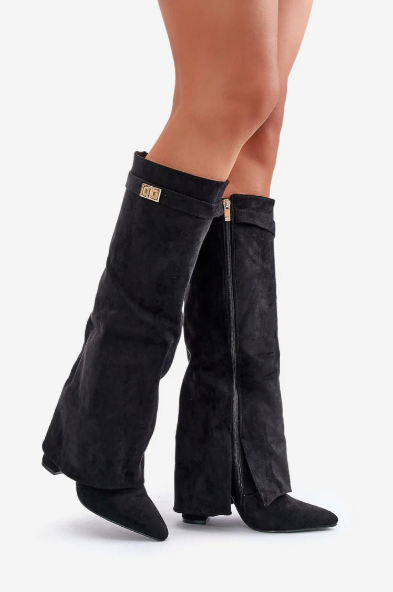 Lenore - Women's Suede Knee-High Boots with Buckle Flap