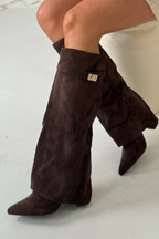 Lenore - Women's Suede Knee-High Boots with Buckle Flap