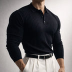 Leonid - Men's Vertical-Ribbed Knit Polo with Buttoned Collar