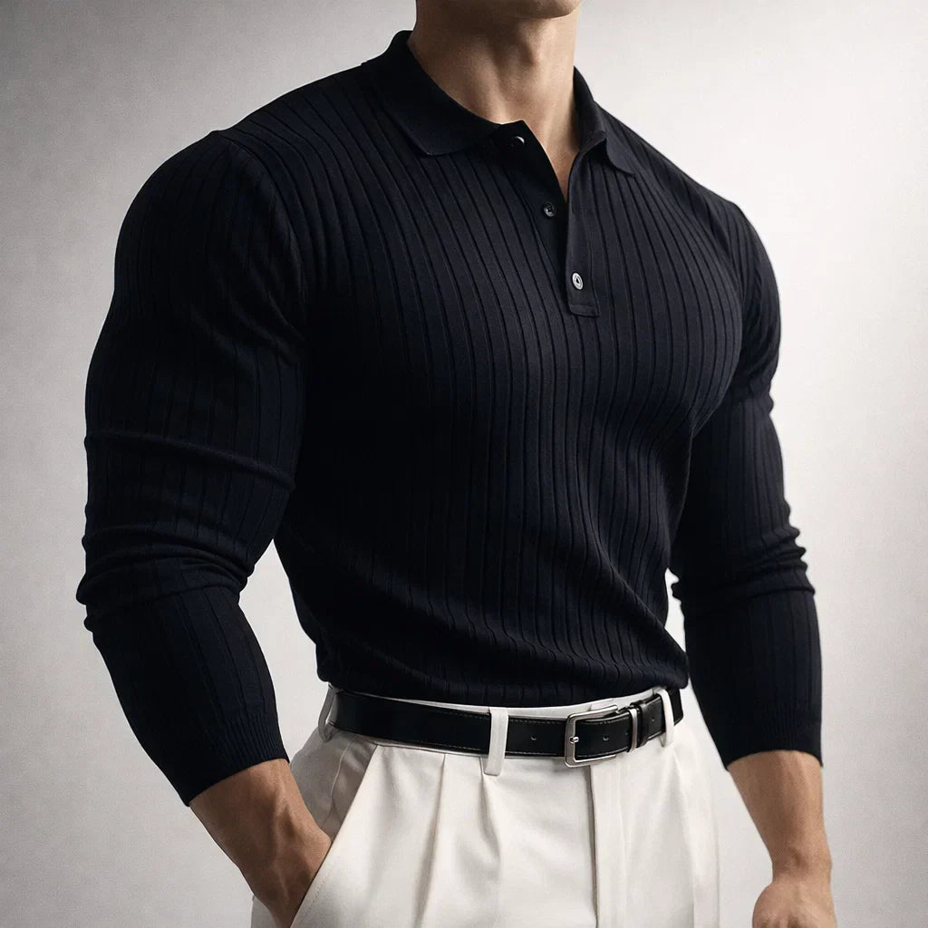 Leonid - Men's Vertical-Ribbed Knit Polo with Buttoned Collar