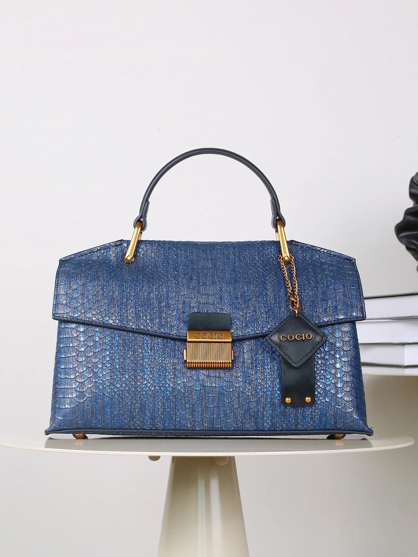 Loretta - Women's Embossed Snake-Print Top Handle Bag