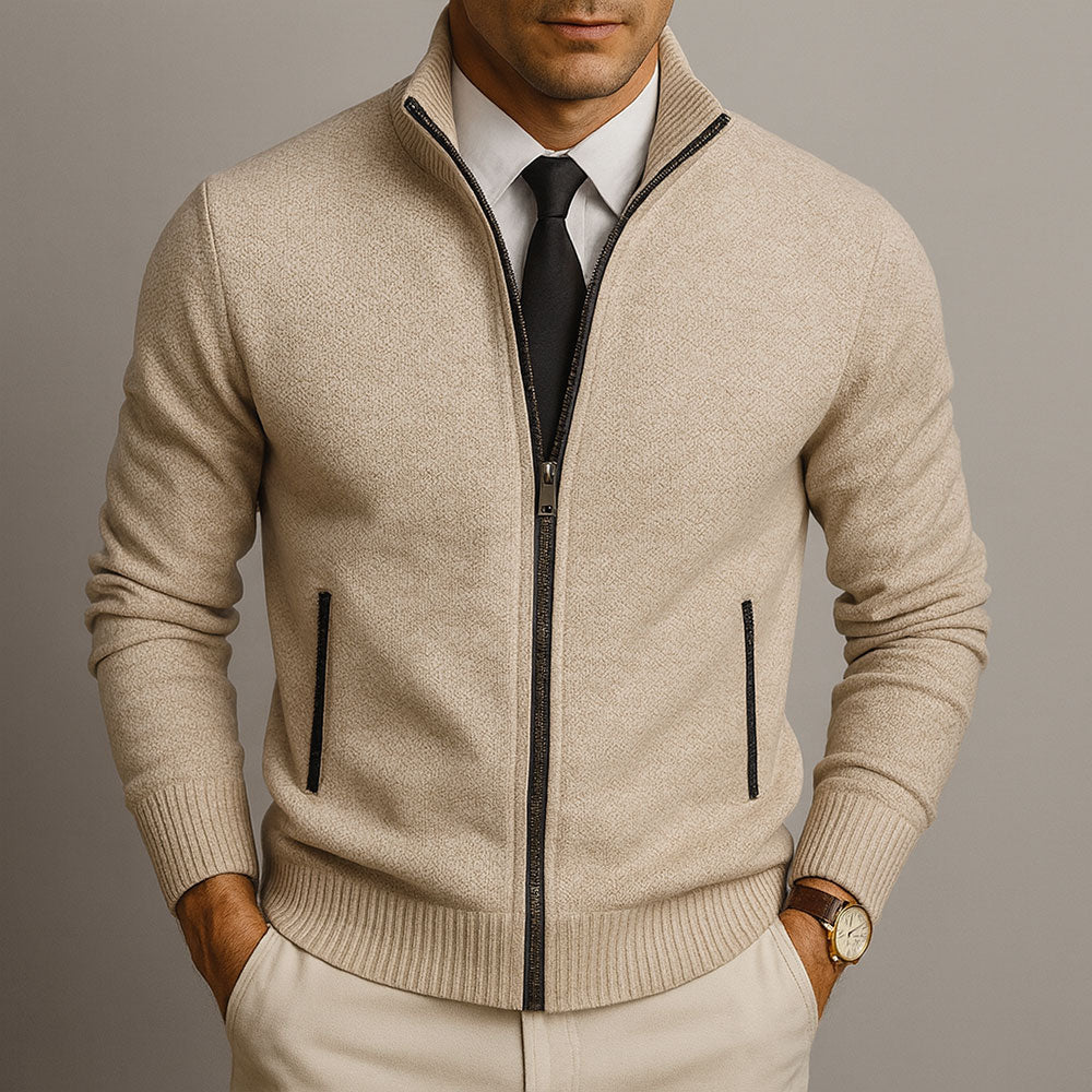 Lysander - Men's Ribbed-Cuff Wool Cardigan with Full-Length Zip