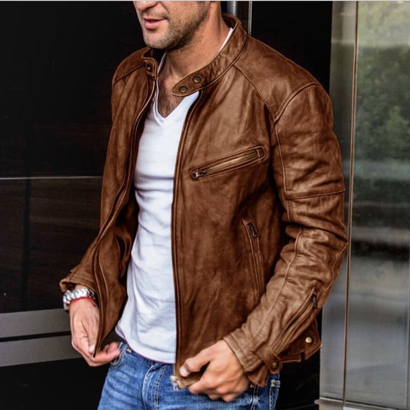 Marcus - Men's Leather Moto Jacket with Snap Collar